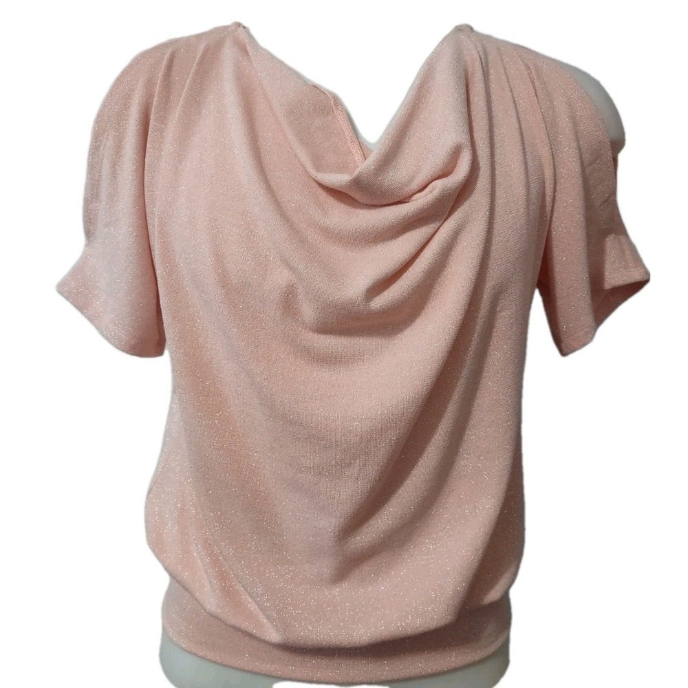 JM Collection Blouse Women's‎ Size S Top  Short Sleeves Cowl Neck Shirt Metallic